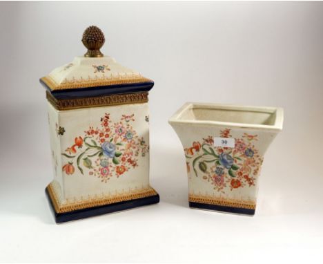 A pair of large floral ceramic boxes with pineapple finials, 36cm and a pair of matching vases 