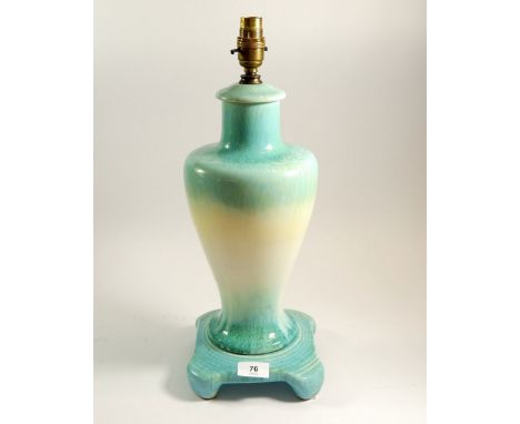 A Ruskin turquoise crystaline glazed pottery table lamp on stand, total height 46cm