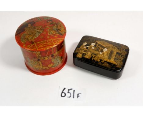 A 19th century chinoiserie lacquer snuff box and pot 