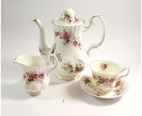 A Royal Albert 'Lavender Rose' dinner and coffee service comprising: twelve cups and saucers, twelve tea plates, twelve side 