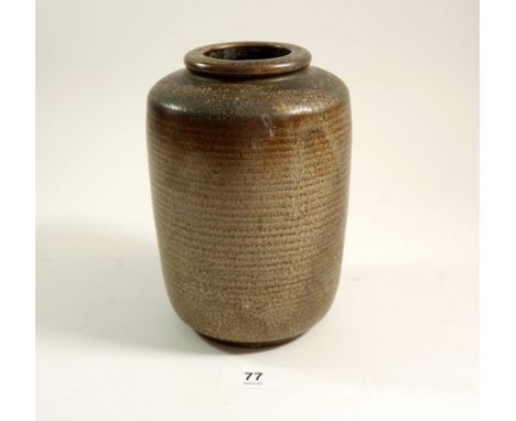 A Royal Doulton Art Pottery brown ribbed vase, impress mark to base, 17cm&nbsp;(This item comes from the estate of Irene Wood