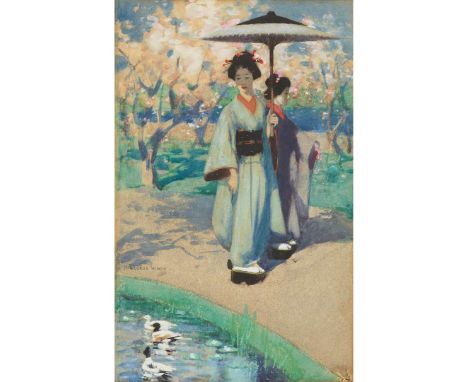  GEORGE HENRY R.A., R.S.A., R.S.W. (SCOTTISH 1858-1943) GEISHAS IN A GARDEN Signed, watercolour 55cm x 34cm (21.5in x 13.5in)