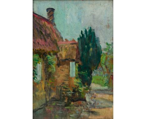  GEORGE LESLIE HUNTER (SCOTTISH 1877-1931) RED-PANTILED COTTAGES, FIFE Oil on board, laid down 35.5cm x 25.5cm (14in x 10in) 