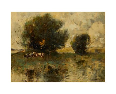  WILLIAM ALFRED GIBSON (SCOTTISH 1866-1931) CATTLE GRAZING BY A STREAM Signed, oil on board 25.5cm x 35.5cm (10in x 14in)   