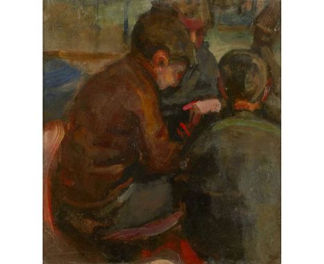  JOAN EARDLEY R.S.A. (SCOTTISH 1921-1963) BOYS PLAYING CARDS Oil on board 23cm x 23cm (9in x 9in) The Scottish Gallery, Edinb