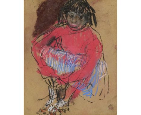  JOAN EARDLEY R.S.A. R.S.W. (SCOTTISH 1921-1963) THE STRIPED SKIRT Pastel on glass paper 28cm x 23cm (11in x 9in) &nbsp;St. A