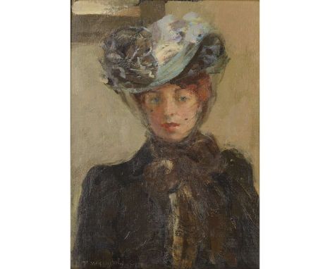  BESSIE MACNICOL (SCOTTISH 1869-1904) THE VEILED HAT (PORTRAIT OF THE ARTIST'S SISTER) Signed, oil on board 30.5cm x 21cm (12