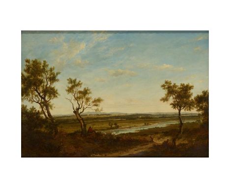 PATRICK NASMYTH (SCOTTISH 1787-1831) TRAVELLER ON A COUNTRY PATH, A RIVER IN THE DISTANCE Signed and indistinctly dated, oil