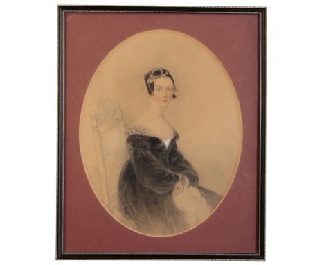 ENGLISH SCHOOL, circa 1845 A portrait of a lady of the Yorke family,half-length, seated, wearing a black dress,oval,watercolo