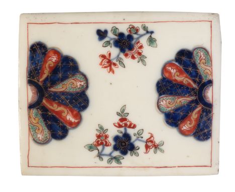 A ST. CLOUD RECTANGULAR PANEL FOR A SNUFF BOX circa 1740, each side painted in the Imari palette with half-moons and trailing
