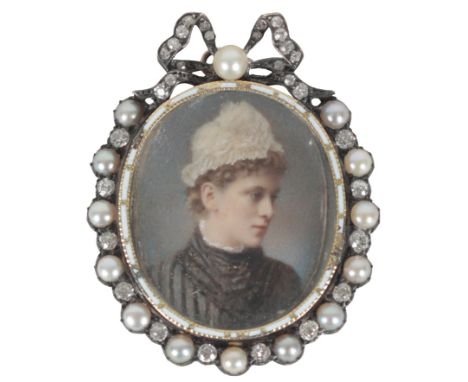A GEORGE III GOLD AND ENAMEL PENDANT set with a later portrait miniature of Catherine Morgan, circa 1885, in a white enamel f