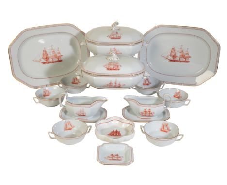 A SPODE DINNER SERVICE "TRADE WINDS" comprising:two oblong octagonal tureens, covers and stands,punch bowl,two gravy boats an