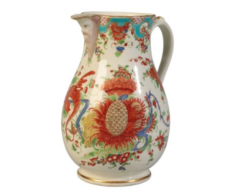 A WORCESTER MASK JUG circa 1768-70, of pear-shape painted with the "Jabberwocky" pattern, the Kakiemon style winged bird head