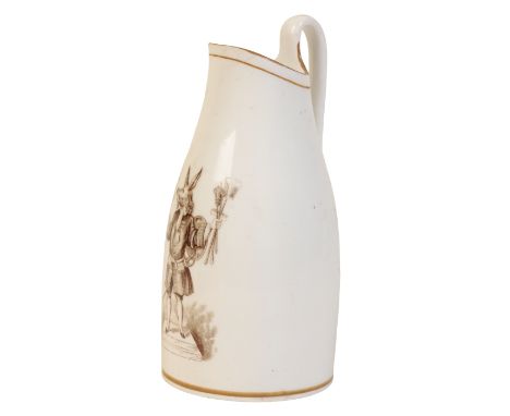 AN ENGLISH SLENDER JUG circa 1825, probably Chamberlains Worcester, transfer printed in black with the "Trusty Servant", the 
