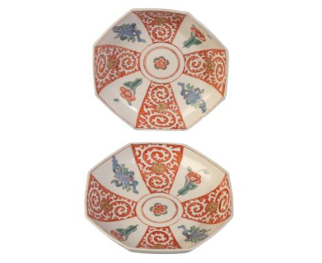 A PAIR OF CHELSEA OCTAGONAL SAUCERS circa 1752, in the Kakiemon style, "Red Panel" pattern, 13.7cm diameter (2)Provenance: Bt