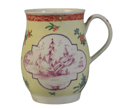 A WORCESTER BELL-SHAPED MUG circa 1752-62,  with loop handle, painted on either side with puce monochrome with a chinoiserie 