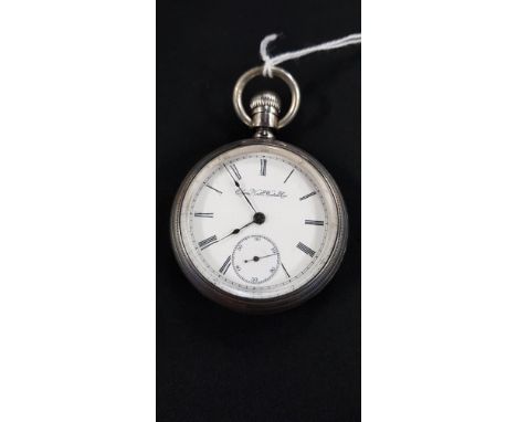 ELGIN POCKET WATCH IN COIN SILVER CASE WITH RAILROAD EMBLEM ON BACK IN GOLD