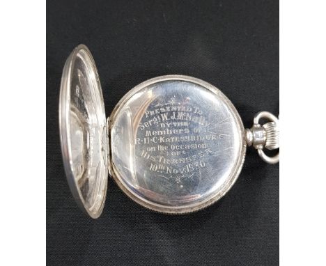 SILVER RUC POCKET WATCH INSCRIBED - PRESENTED TO SERGT W.J.MCNALLY BY THE MEMBERS OF R.U.C KATESBRIDGE ON THE OCCASION OF HIS