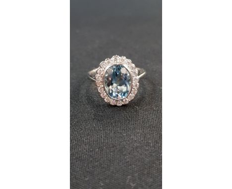 PLATINUM DIAMOND &amp; AQUA MARINE CLUSTER RING