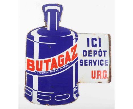 A vintage French enamel double sided advertising sign, “Butagaz”, in the form of a gas bottle, 60cmHx50.5cmW