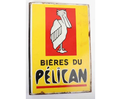 A vintage French enamel double sided advertising sign, circa 1950, “Bieres Du Pelican”, from a brewery in Mons, in the heart 