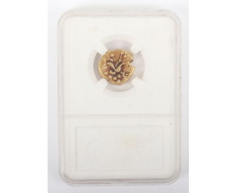 Celtic gold stater, possibly Insular Belgic C/Kentish A type, devolved Apollo head rev. disjointed horse, 6.28g