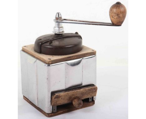 A vintage French wood and metal coffee grinder, Peugeot Freres, 12cmW