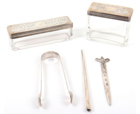 A set of Georgian silver and glass scent pots, Archibald Douglas, London 1831, largest 12cm, with a pair of Georgian tongs, a