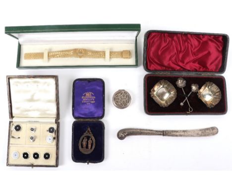 A late Victorian cruet set, James Deakin &amp; Sons, Chester 1893, with a silver box with Celtic engraving, an 1860 Rifle Clu