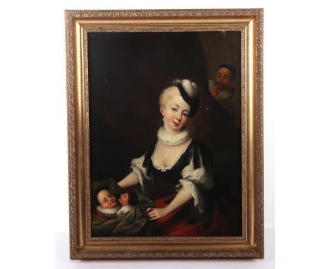 Circle of Antoine Pesne (French 1683-1757), portrait of a lady and children with man looking on inquisitively, oil on wood bo