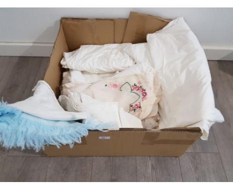 Soft goods to include two large eygptian cotton bed sheets, vintage cot blankets, two bath towels, 10 x 10 fringed rug.