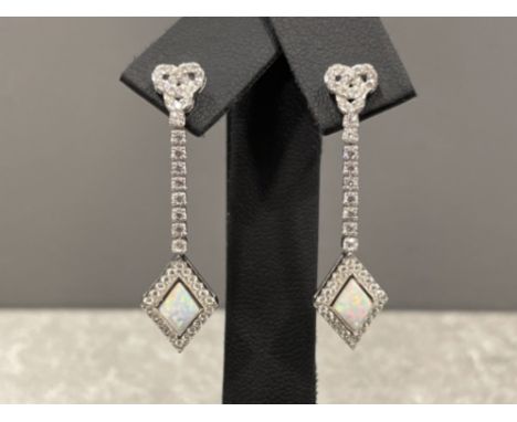 Pair of silver and CZ drop earrings set with Opal drop 3.6g gross