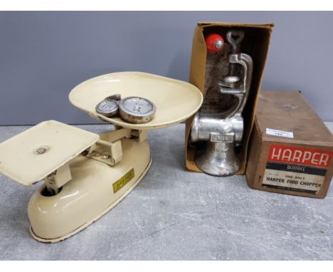 Set of vintage Harper balance scales plus a boxed Harper food chopper