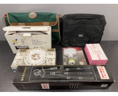 Miscellaneous items including camera tripod, electric bottle opener, 12 piece tea set and more