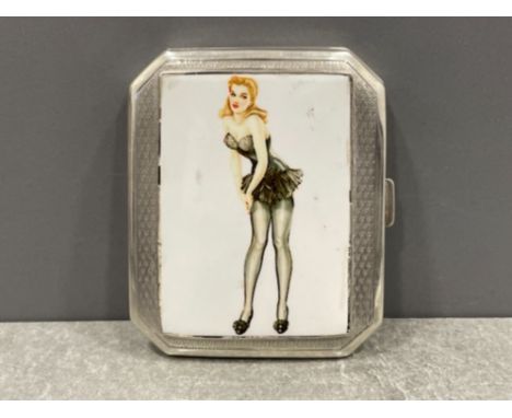 Hallmarked silver and enamel cigarette case depicting a Woman