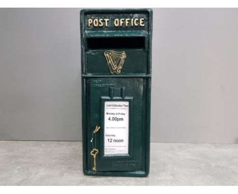 A large cast metal Irish post box, with harp emblem, with keys, 57 x 24 x 35cm.