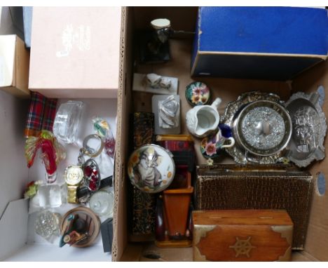 Binoculars, watches, hip flask, glassware, models, fish servers, plate ware, in two boxes 