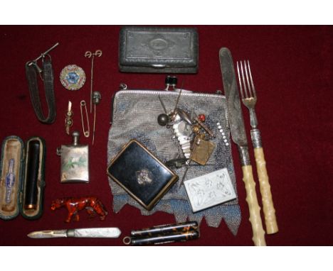 Two Victorian gold bar brooches, an Austrian silver and enamel lighter, a silver and mother of pearl fruit knife and other it