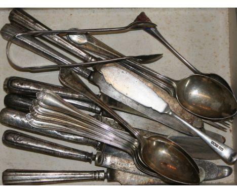 Five silver grape fruit spoons, Sheffield 1932 and other silver and plated flatware