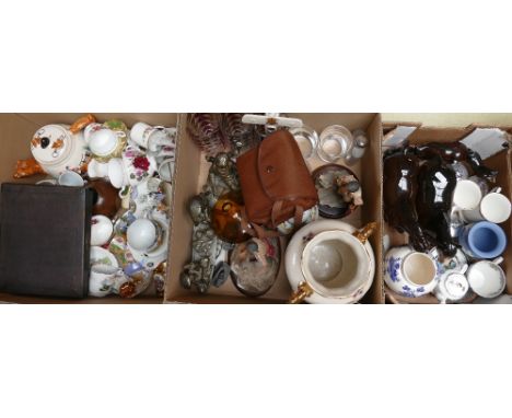 Three boxes of assorted glass and ceramics, including model shire horses, camera, frosted china ware, models, fish service 