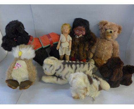 Vintage soft toys, a 1960's poodle, a Steiff Zottie, sleeping cat, Eskimo doll, Clemens owl, etc. 