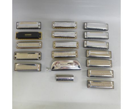 Nine Hohner Diatonic harmonicas, a Lee Oskar Diatonic harmonica, seven Sonny Boys Special harmonicas, a Hohner Chromatic harm