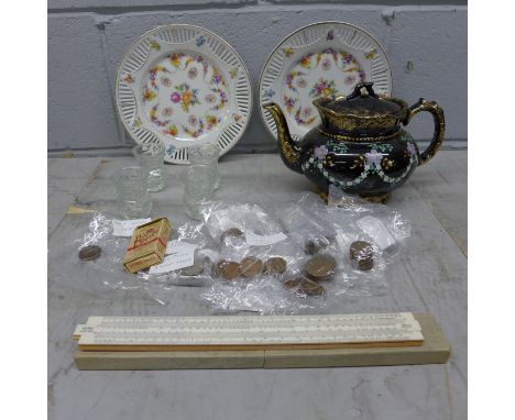 A circa 1900 teapot, two ribbon plates, four small glass vases, coins, a set of cigarette cards and a slide rule **PLEASE NOT