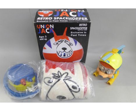 A retro Space Hopper Union Jack with foot pump, exclusive to Past Times, boxed and unused and Fergie's 'Budgie' helicopter 