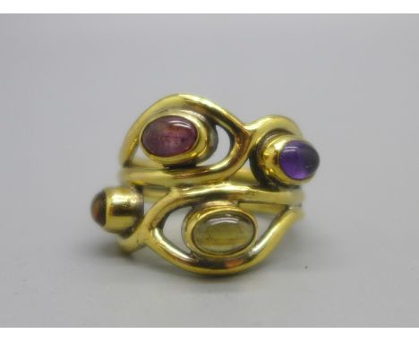 A gilt multi-colour gemstone ring, M 