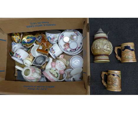 A box of mixed china including Royal Doulton Autumn's Glory, a stein, a character jug, a table lighter, etc. **PLEASE NOTE TH