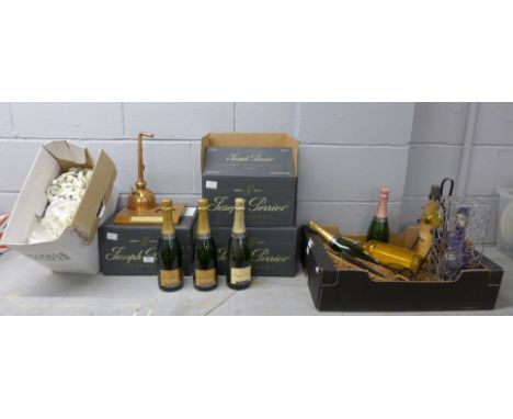 Three boxes of dealer's display bottles of Joseph Perrier champagne (no contents) and other bottle holders, a model of a Glen