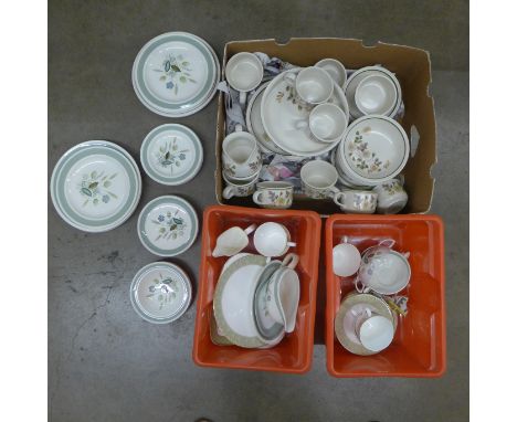 A part Royal Doulton Sonnet tea service, Woods Ware plates, etc., and a collection of stoneware breakfast china **PLEASE NOTE