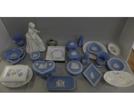 A collection of Wedgwood Jasperware including a lighter, salt and pepper pots, etc., and a Royal Worcester figure, Mothering 
