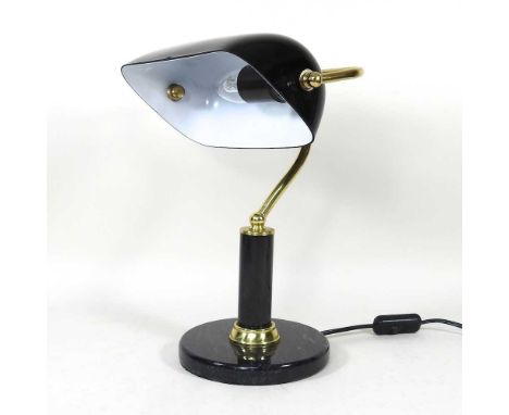 A brass mounted black marble desk lamp, with a black glass shade, 36cm high